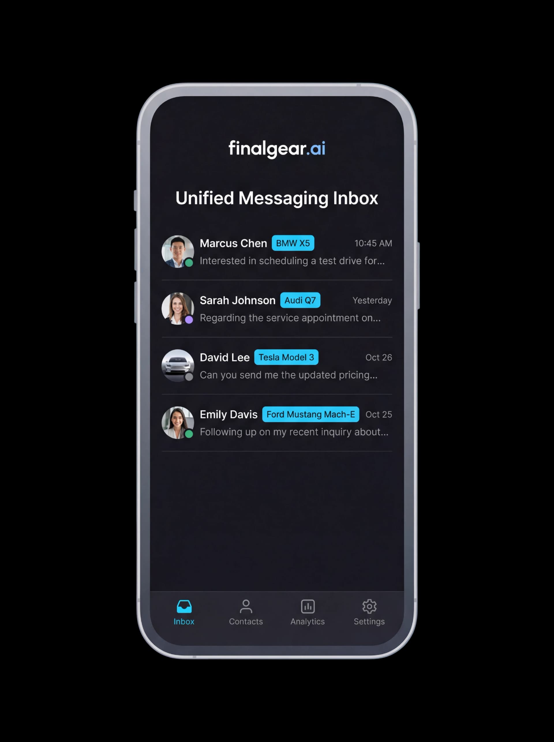FinalGear.ai mobile app — unified inbox with customer conversations