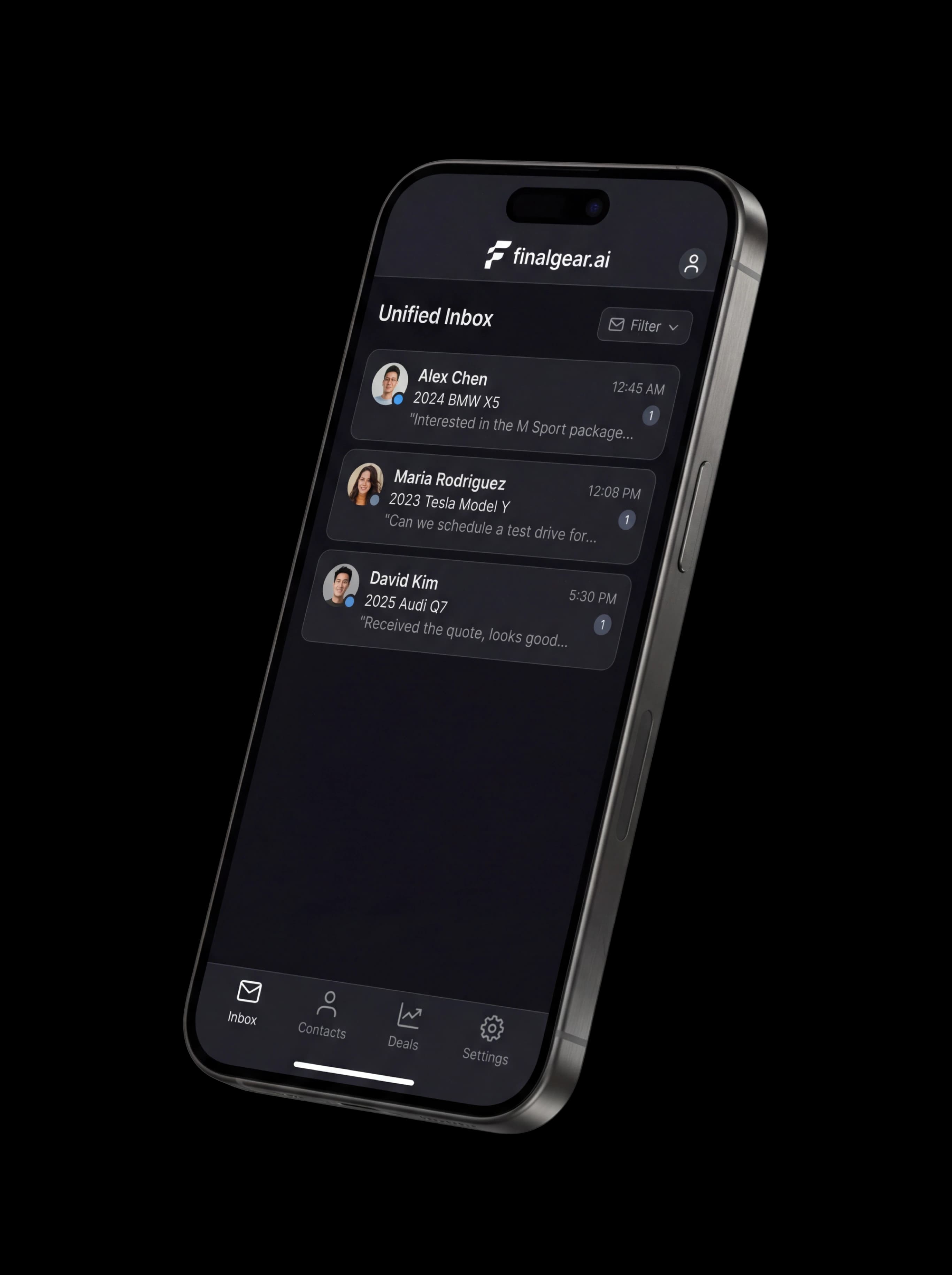 FinalGear.ai mobile app — unified inbox with customer conversations